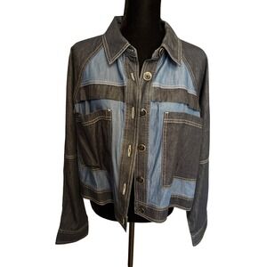 Cabi Two Tone Denim Jacket Large Blue Colorblock Button Front Utility